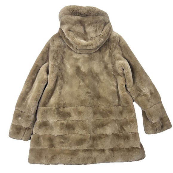 Gallery New York Womens L Hooded Faux Fur Coat Tan Plush Warm Satin Lined Jacket - Picture 6 of 16